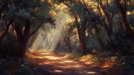 Fototapeta premium Sunbeams Through a Forest Path