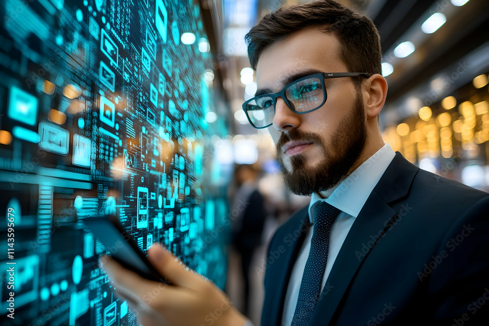 Poster focused businessman using phone, analyzing digital data on large screen.
