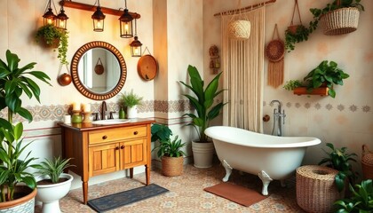 Bohemian Style - Bathroom Interior Design with Bohemian Concept - Hotel Bathroom Interior - Apartment Bathroom Concept - Interior Design