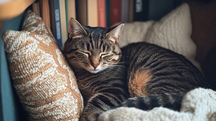 Brown tabby cat sleeping soundly on cushion beside bookshelf