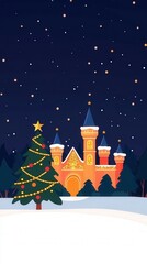 Fototapeta premium A festive winter scene featuring a decorated Christmas tree in the foreground, with a colorful castle in the background against a starry night sky.