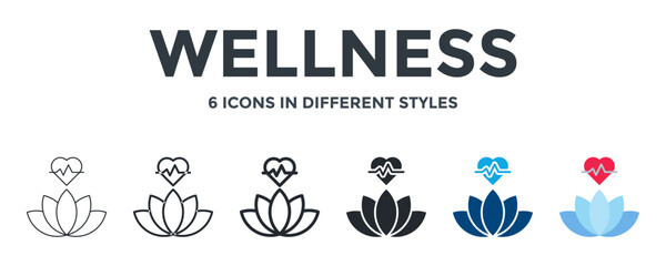 WELLNESS icon in different style vector illustration. Designed in thin line, regular line, bold line, glyph, color fill, and flat style can be used for web