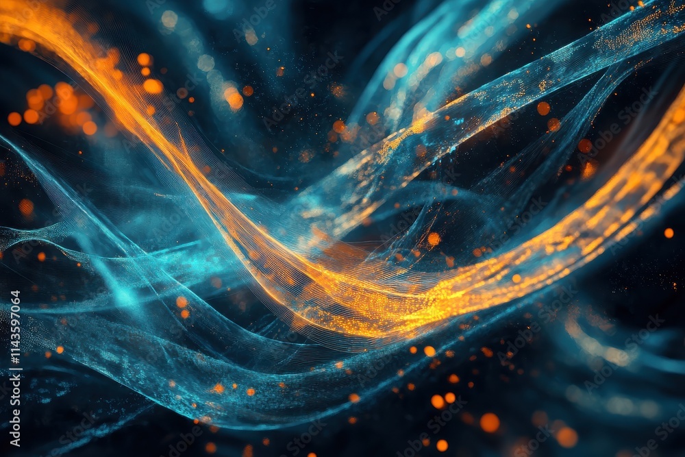 Poster a digital composition of glowing blue and orange data streams and interfaces