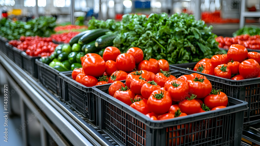 Poster fresh red tomatoes and various vegetables in crates on a conveyor belt in a factory.