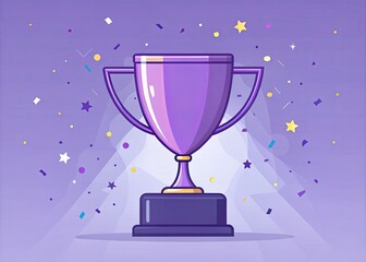 Purple champion cup, cartoon winner background.  Success and victory celebrated.