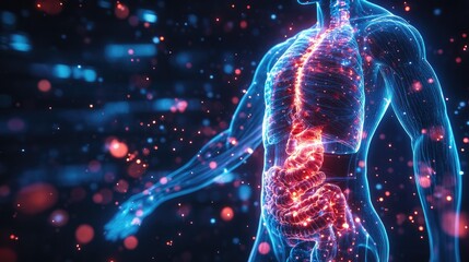 Human Digestive System, glowing anatomy. Intricate network of the human digestive system, highlighted in vibrant colors against a dark background.  