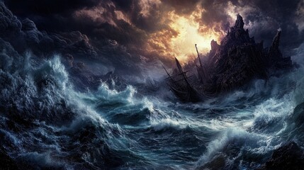 Fototapeta premium Shipwreck Amidst a Stormy Sea and Dark Cliffs