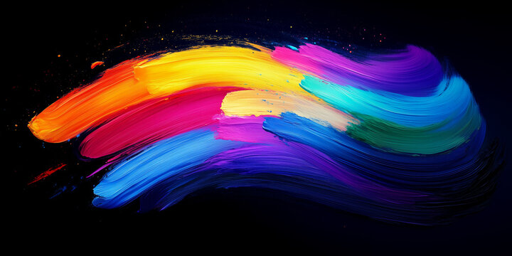 Vibrant rainbow-colored brush strokes on a black background, with an oil paint texture. Modern neon colours - Powered by Adobe