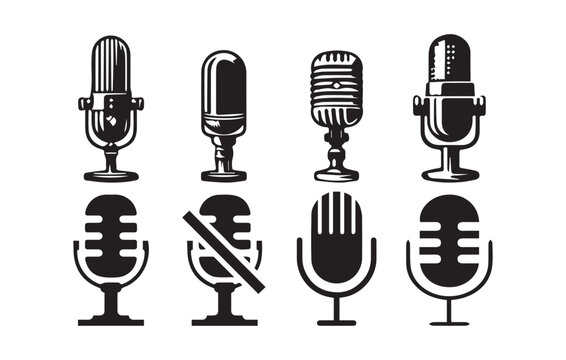  mic vector icon set. mike button. speaker speech vintage mic sign. singer music podcast interview voice record microphone vector symbol.