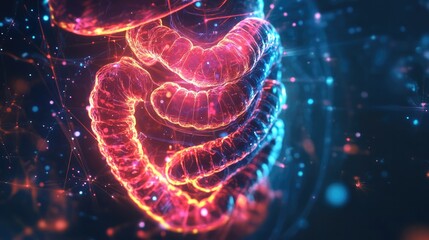 Fototapeta premium Intricate Intestine: A mesmerizing digital art rendering of the human digestive system, glowing with vibrant red and blue hues, evokes a sense of wonder and complexity.