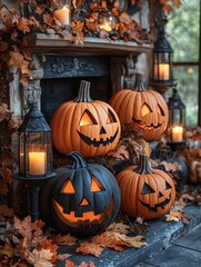 Obraz premium Jack-o'-lanterns and autumn leaves arranged around a fireplace.