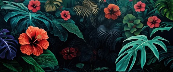 Tropical flowers, vibrant orange and red hibiscus, lush green foliage, dark background, jungle atmosphere, exotic plants, deep shadows, rich colors, botanical illustration style, dramatic lighting, pa