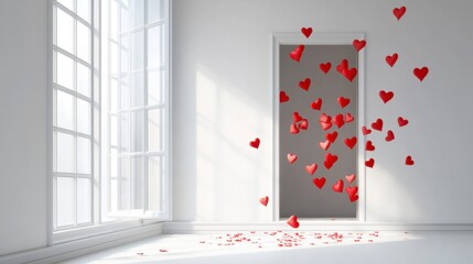 Falling Hearts in White Room - Romantic 3D Render