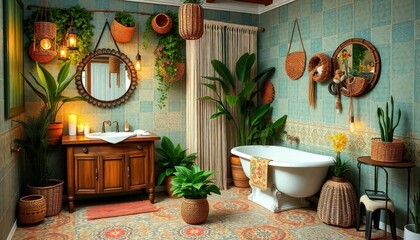Bohemian Style - Bathroom Interior Design with Bohemian Concept - Hotel Bathroom Interior - Apartment Bathroom Concept - Interior Design