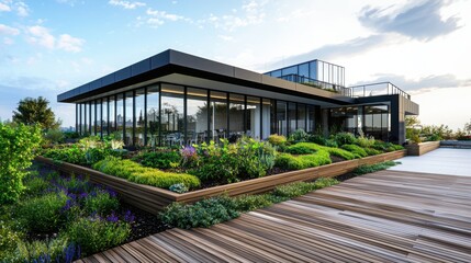 Fototapeta premium Corporate office rooftop garden design urban setting planter boxes modern architecture aesthetic environment