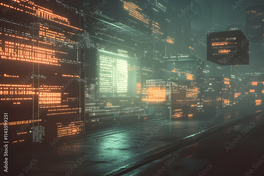 Poster futuristic cityscape with glowing digital code blocks and screens.