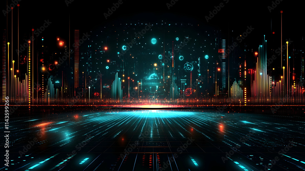 Poster futuristic cityscape with glowing digital interface and data streams.