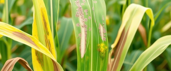 Obraz premium Corn field close-up, yellow and green corn leaves, corn tassel detail, sunlit agricultural crop, vibrant farm vegetation, macro photography, shallow depth of field, golden hour lighting, lush cornfiel