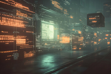 Futuristic cityscape with glowing digital code blocks and screens.