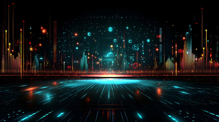 Futuristic cityscape with glowing digital interface and data streams.