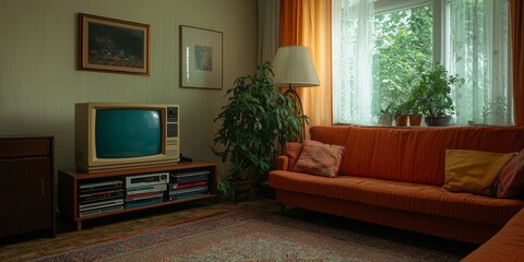 Nostalgic 1990s Living Room with Tube TV and VHS Tapes
