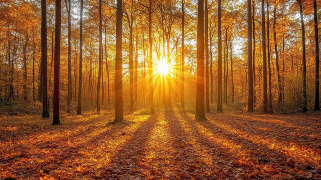 Zoom Virtual Background: Sunlight filtering through trees in an autumn forest. Sunshine Wallpaper