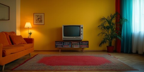 Cozy Retro Space: 1990s Living Room with Warm Lighting

