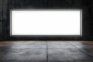 Illuminated blank billboard in dark concrete room.