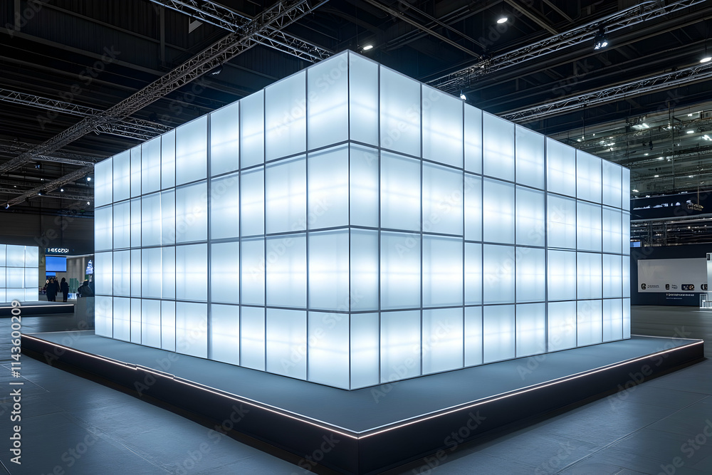 Poster illuminated cube structure in a large hall.