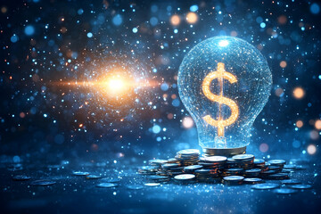 Illuminated dollar sign inside a lightbulb on a pile of coins.
