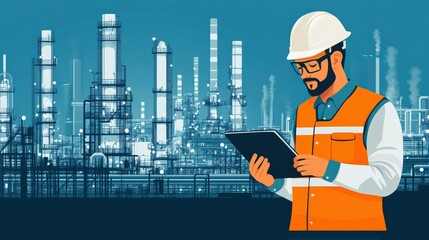 An oil refinery worker using a digital tablet with refinery equipment in the background. Industrial management, data monitoring, and modern technology in energy production.