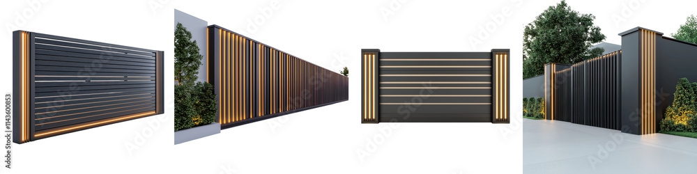 Poster sleek and minimalist architectural gate and fence design with bold geometric patterns and lines agai