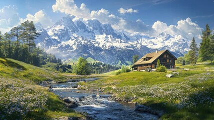 Fototapeta premium Mountain chalet surrounded by blooming meadows and streams alps scenic landscape nature tranquil viewpoint