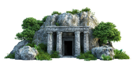 Ancient stone temple surrounded by lush greenery. transparent background
