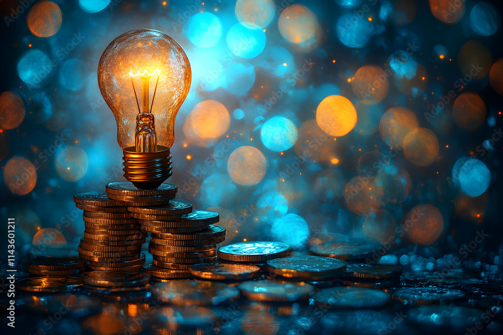 Poster illuminated lightbulb atop a stack of coins against a bokeh background.