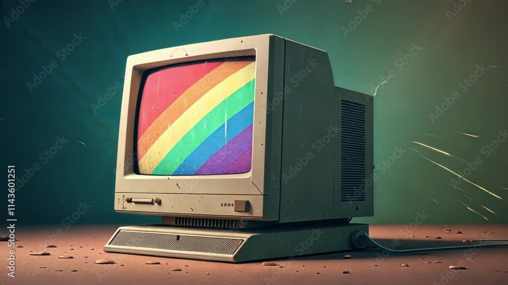 Aufkleber distorted memories a crt screen loses coherence as rainbow hues into each other interrupted by sharp
