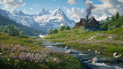 Scenic mountain lodge in the alps surrounded by blooming meadows and lush green hills nature landscape tranquil view