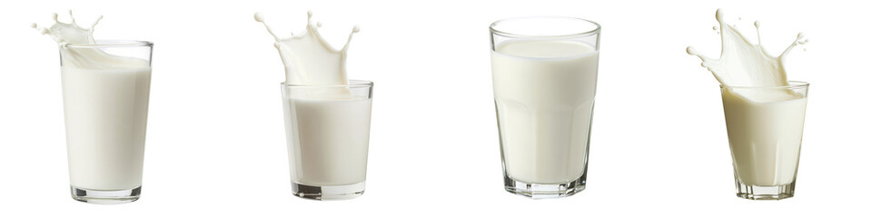 Dynamic milk splash filling up a transparent glass creating an energetic and refreshing dairy beverage movement with white creamy liquid flow and splashing action  Closeup studio shot with copy space