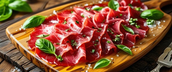 Italian cuisine, sliced prosciutto, wooden cutting board, fresh basil leaves, cherry tomatoes, rustic table setting, appetizer platter, vibrant colors, charcuterie, high-quality meat, gourmet presenta