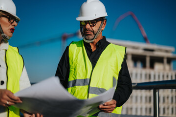 Two architects wearing hard hats and reflective vests are discussing plans while reviewing...