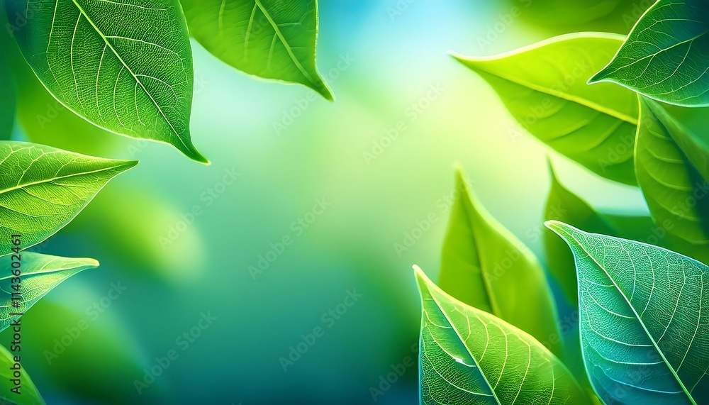 Poster green leaves with blurred background and bokeh, creating a fresh and natural spring atmosphere.
