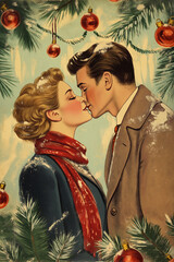 Couple kisses tenderly amid holiday decorations, with snow-dusted clothing and a warm scarf. Retro postcard 