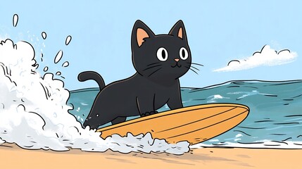 Playful Black Cat Riding Surfboard on Beach in Flat Design