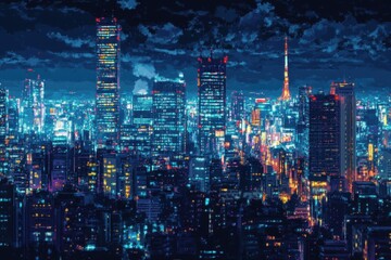Pixelated Cityscape at Night with Illuminated Windows