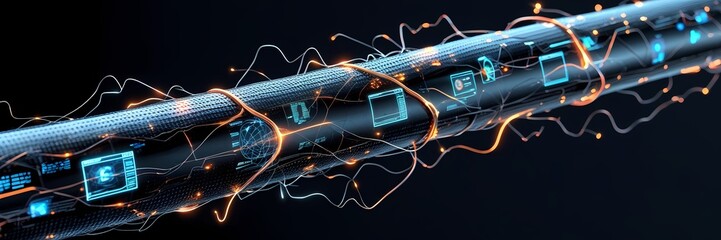 A large, realistic electric wire floating above the ground, filled with virtual electronic currents in an orderly flow, reflecting internet energy and strong moving currents, resembling an advanced ho