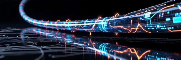 A large, realistic electric wire floating above the ground, filled with virtual electronic currents in an orderly flow, reflecting internet energy and strong moving currents, resembling an advanced ho