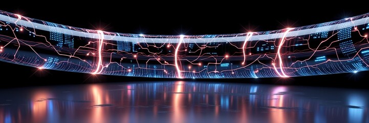 A large, realistic electric wire floating above the ground, filled with virtual electronic currents in an orderly flow, reflecting internet energy and strong moving currents, resembling an advanced ho