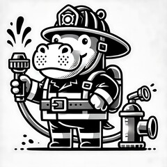 Cartoon hippo dressed as a firefighter with equipment.