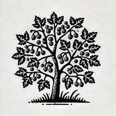Stylized tree illustration with fruit.