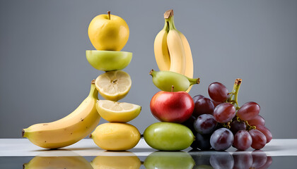"Creative Arrangement of Fruits (Apple, Banana, Grapes, and Lemon) Balancing Artistically Like a Tower on a Reflective Surface with a Minimalist Background – Unique and Modern Fruit Display"